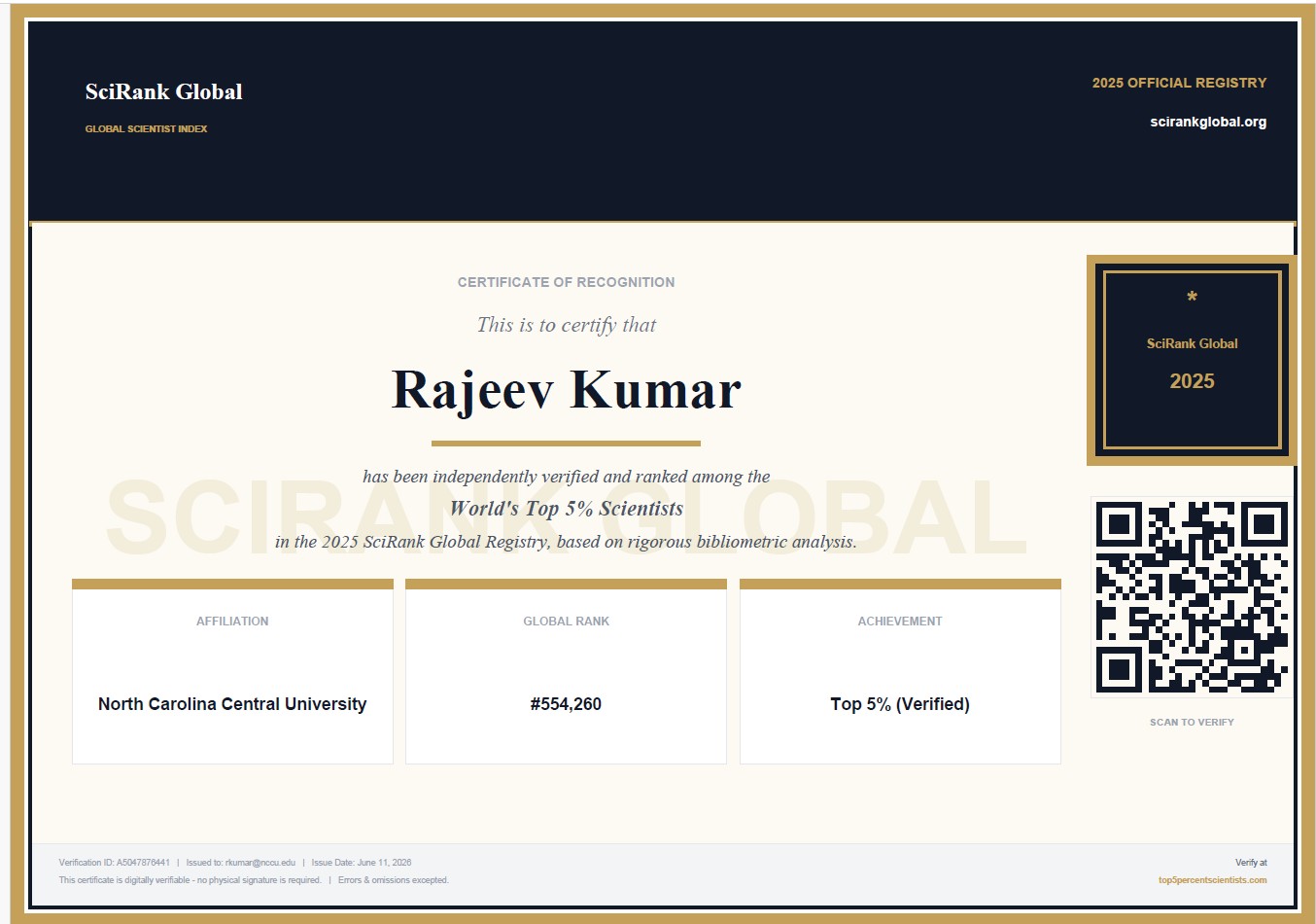 SciRank Global certificate recognising Dr. Rajeev Kumar among the World's Top 5% Scientists 2025