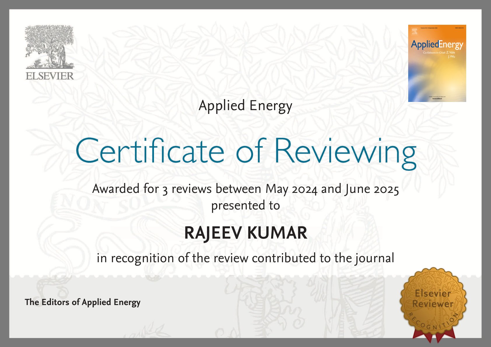 Elsevier Certificate of Reviewing for Applied Energy, awarded to Dr. Rajeev Kumar