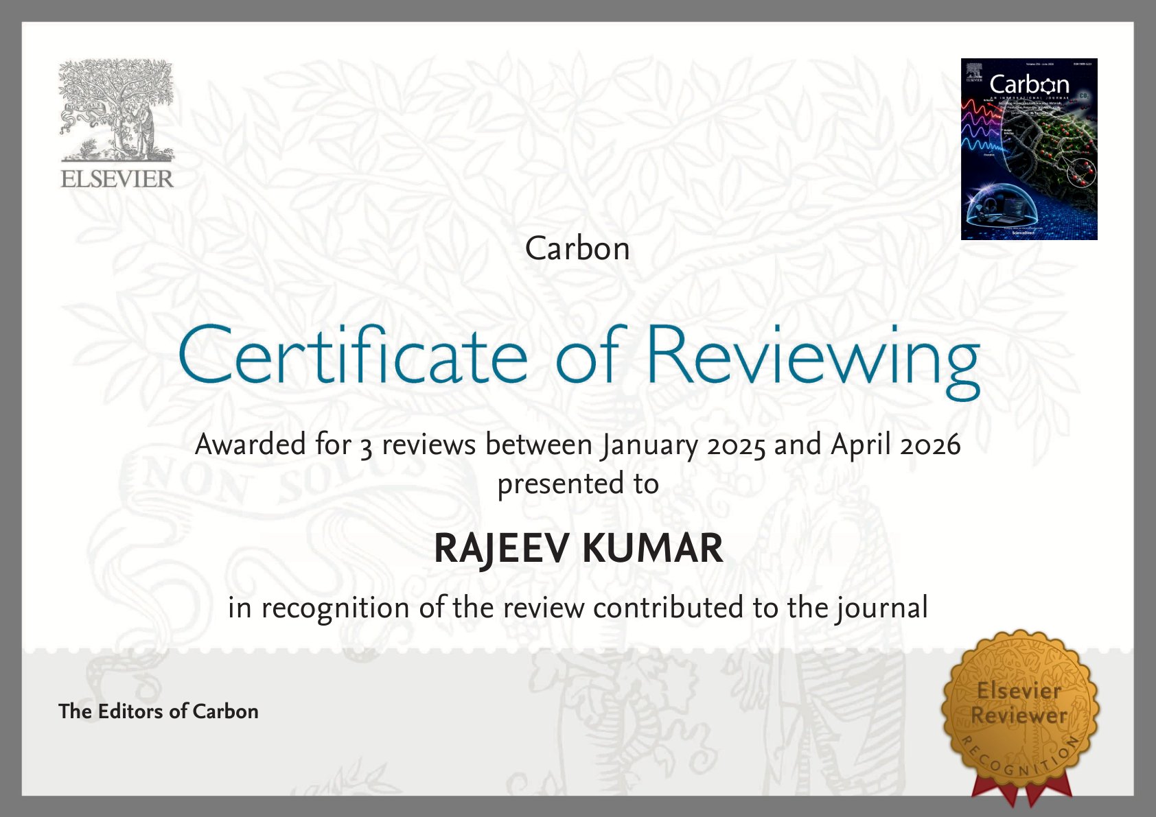 Elsevier Certificate of Reviewing for Carbon, awarded to Dr. Rajeev Kumar