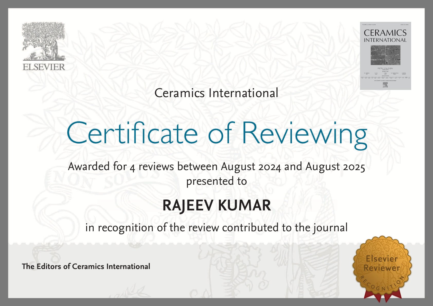 Elsevier Certificate of Reviewing for Ceramics International, awarded to Dr. Rajeev Kumar