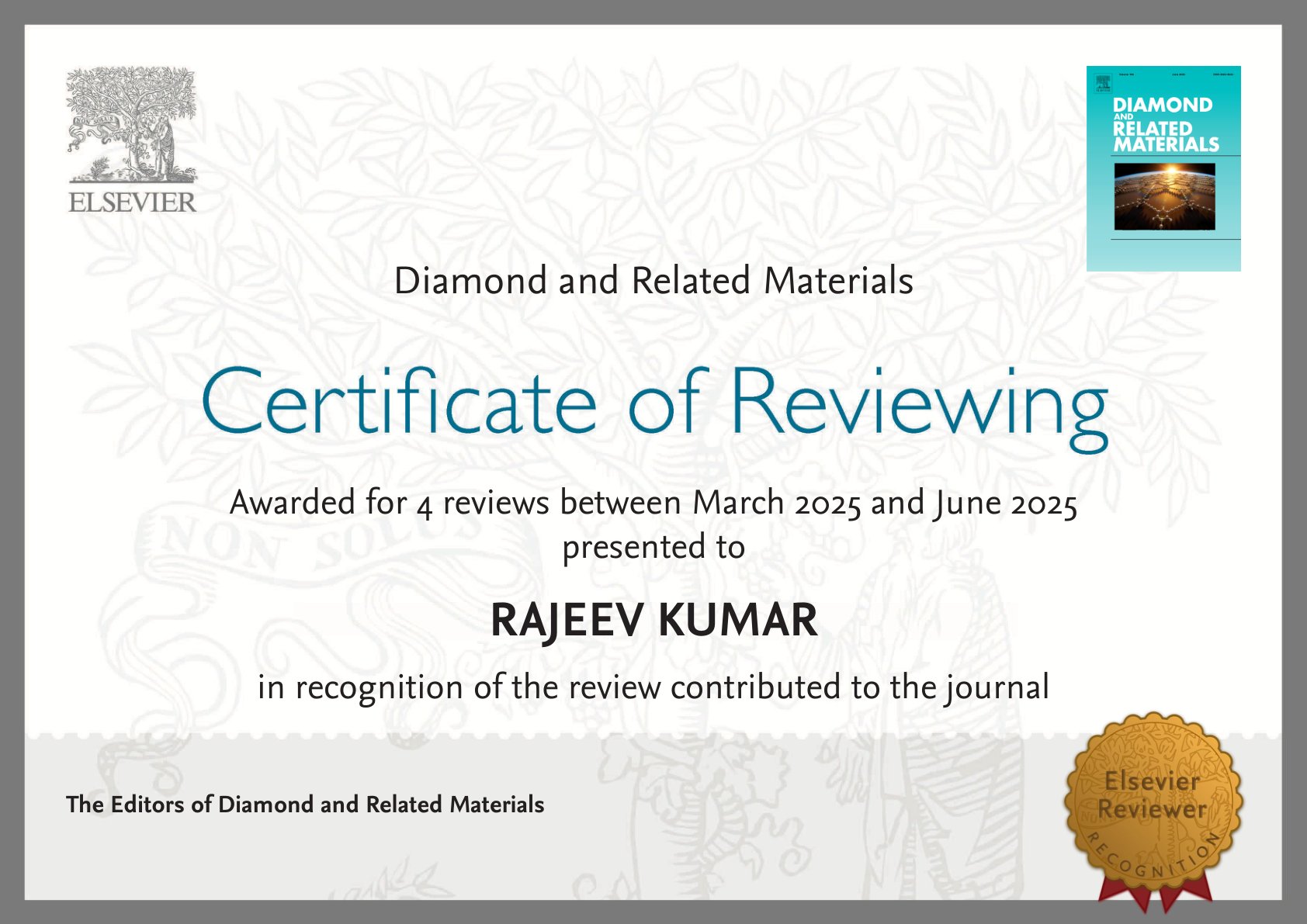 Elsevier Certificate of Reviewing for Diamond and Related Materials, awarded to Dr. Rajeev Kumar