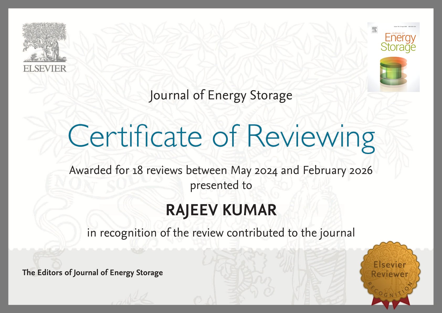 Elsevier Certificate of Reviewing for Journal of Energy Storage, awarded to Dr. Rajeev Kumar