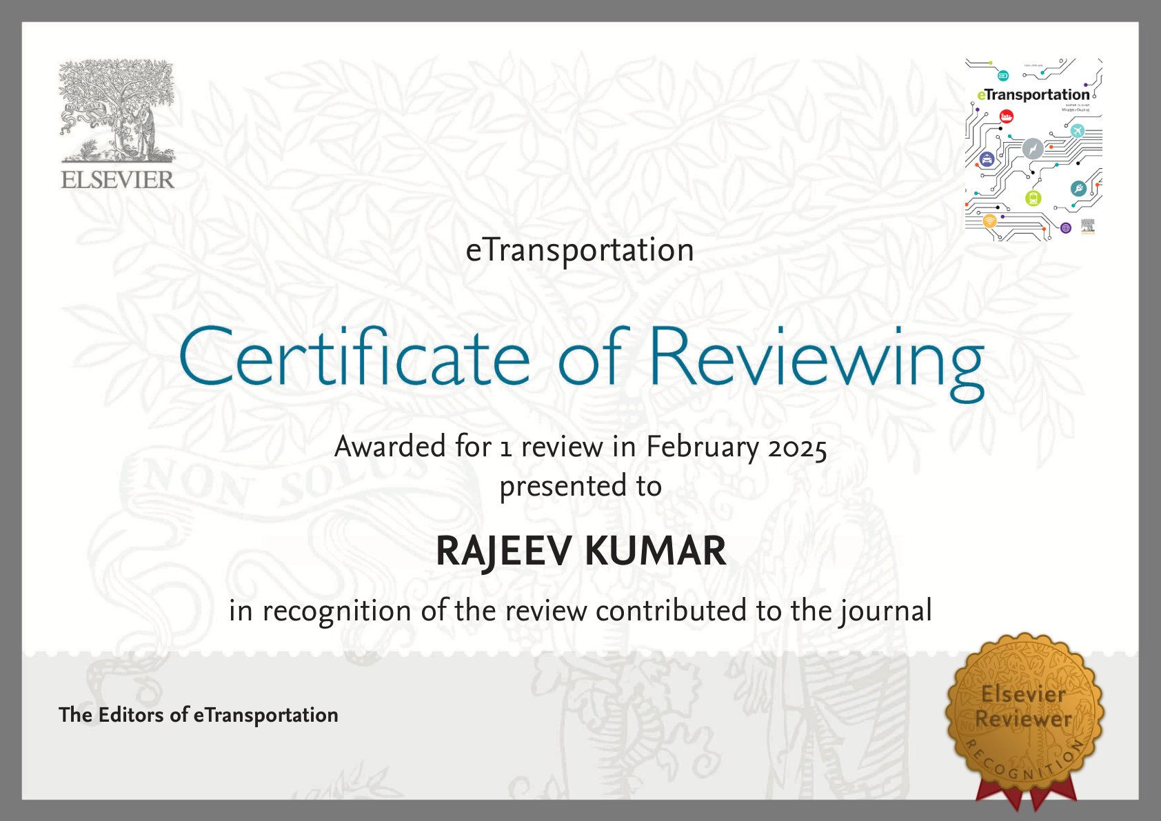 Elsevier Certificate of Reviewing for eTransportation, awarded to Dr. Rajeev Kumar
