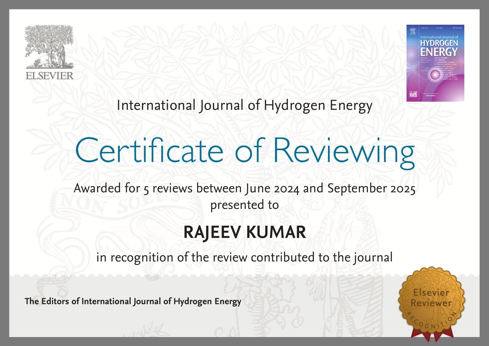 Elsevier Certificate of Reviewing for International Journal of Hydrogen Energy, awarded to Dr. Rajeev Kumar