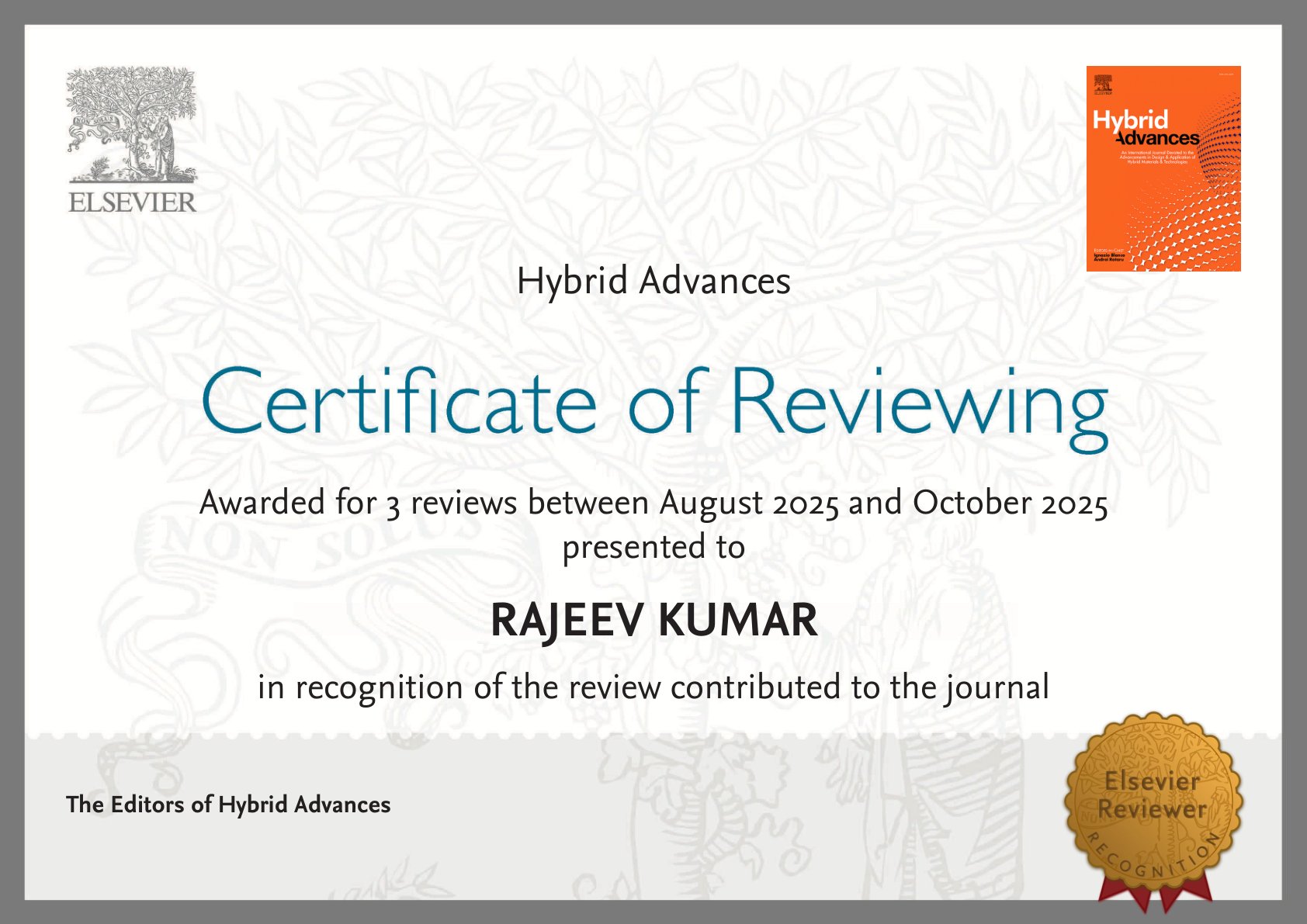 Elsevier Certificate of Reviewing for Hybrid Advances, awarded to Dr. Rajeev Kumar