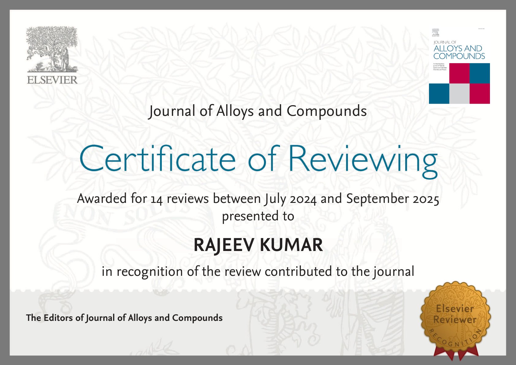 Elsevier Certificate of Reviewing for Journal of Alloys and Compounds, awarded to Dr. Rajeev Kumar