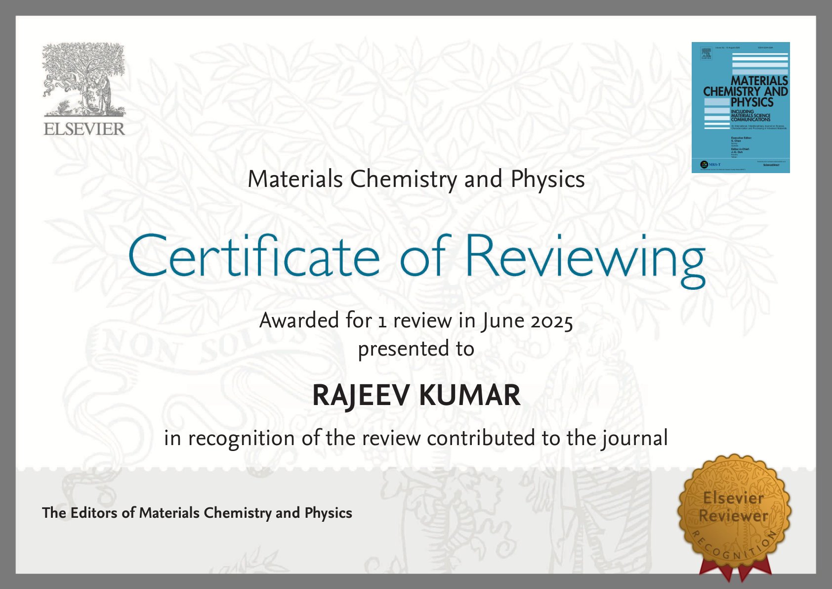 Elsevier Certificate of Reviewing for Materials Chemistry and Physics, awarded to Dr. Rajeev Kumar