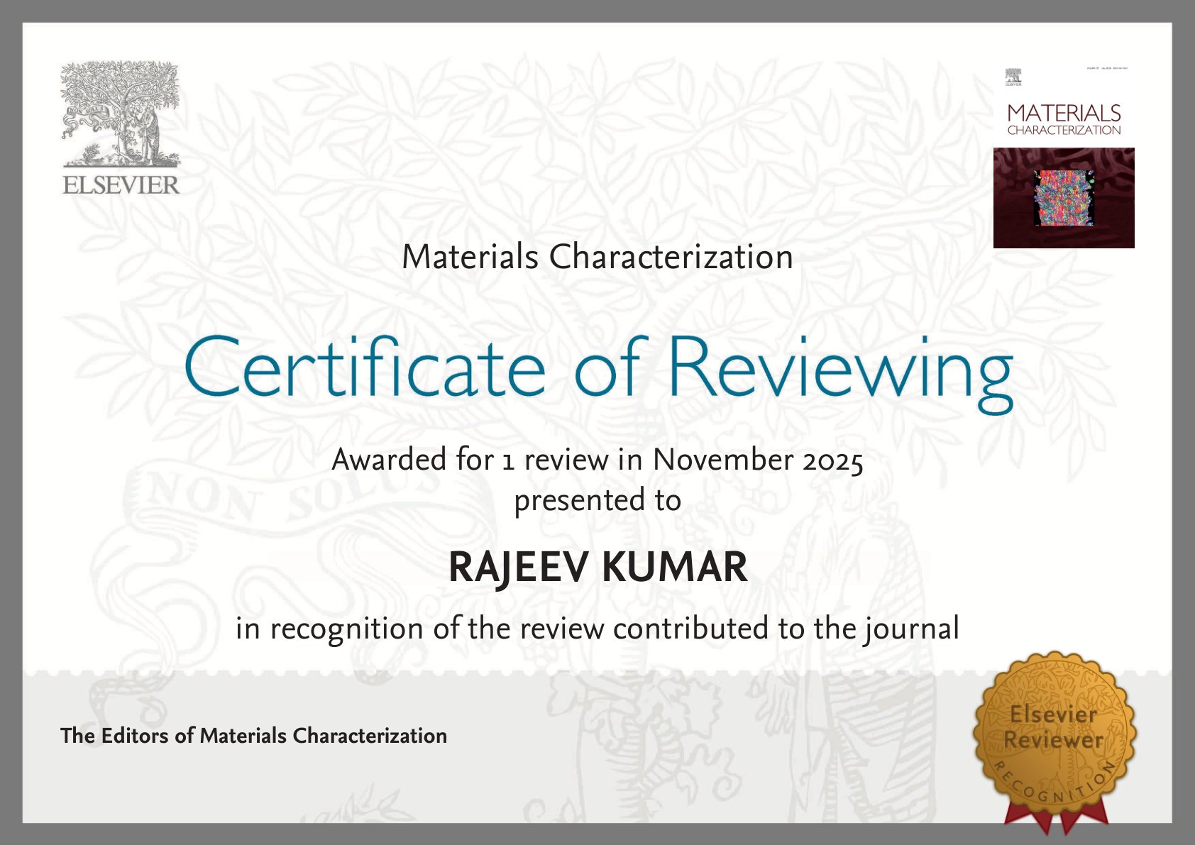 Elsevier Certificate of Reviewing for Materials Characterization, awarded to Dr. Rajeev Kumar