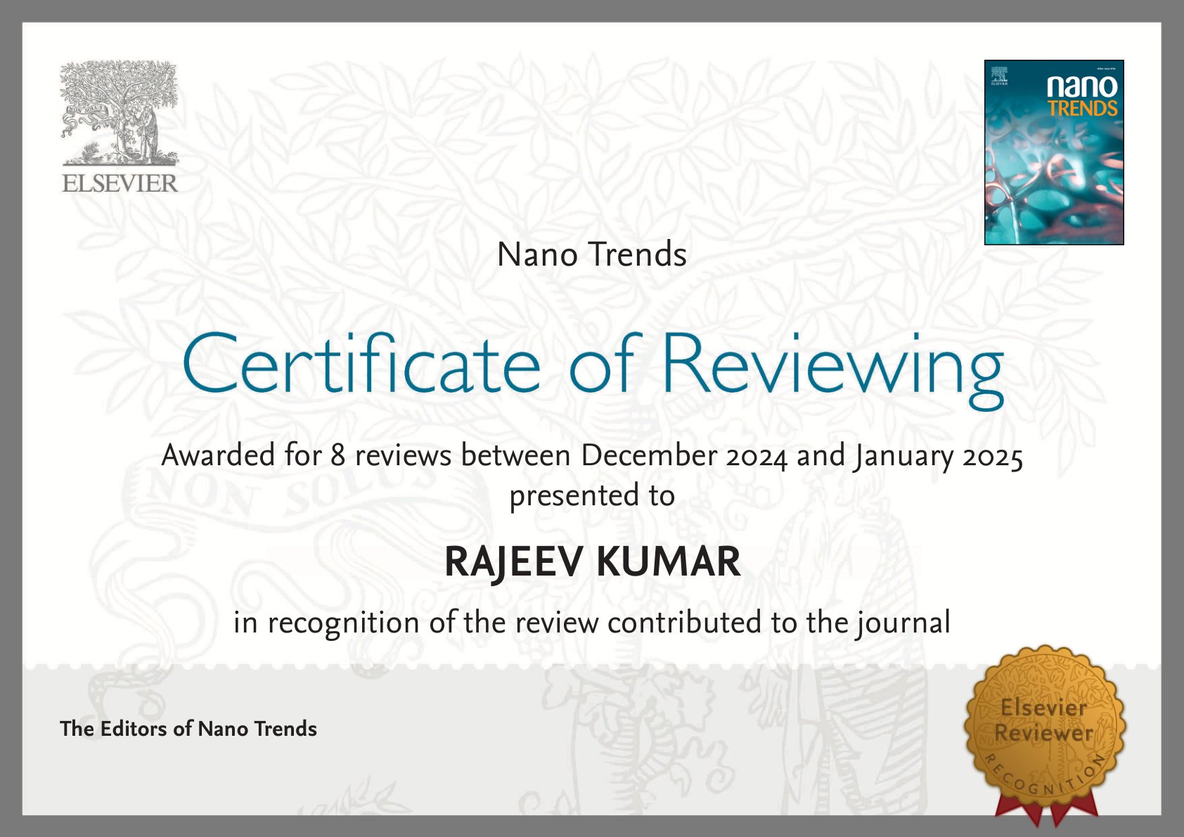 Elsevier Certificate of Reviewing for Nano Trends, awarded to Dr. Rajeev Kumar