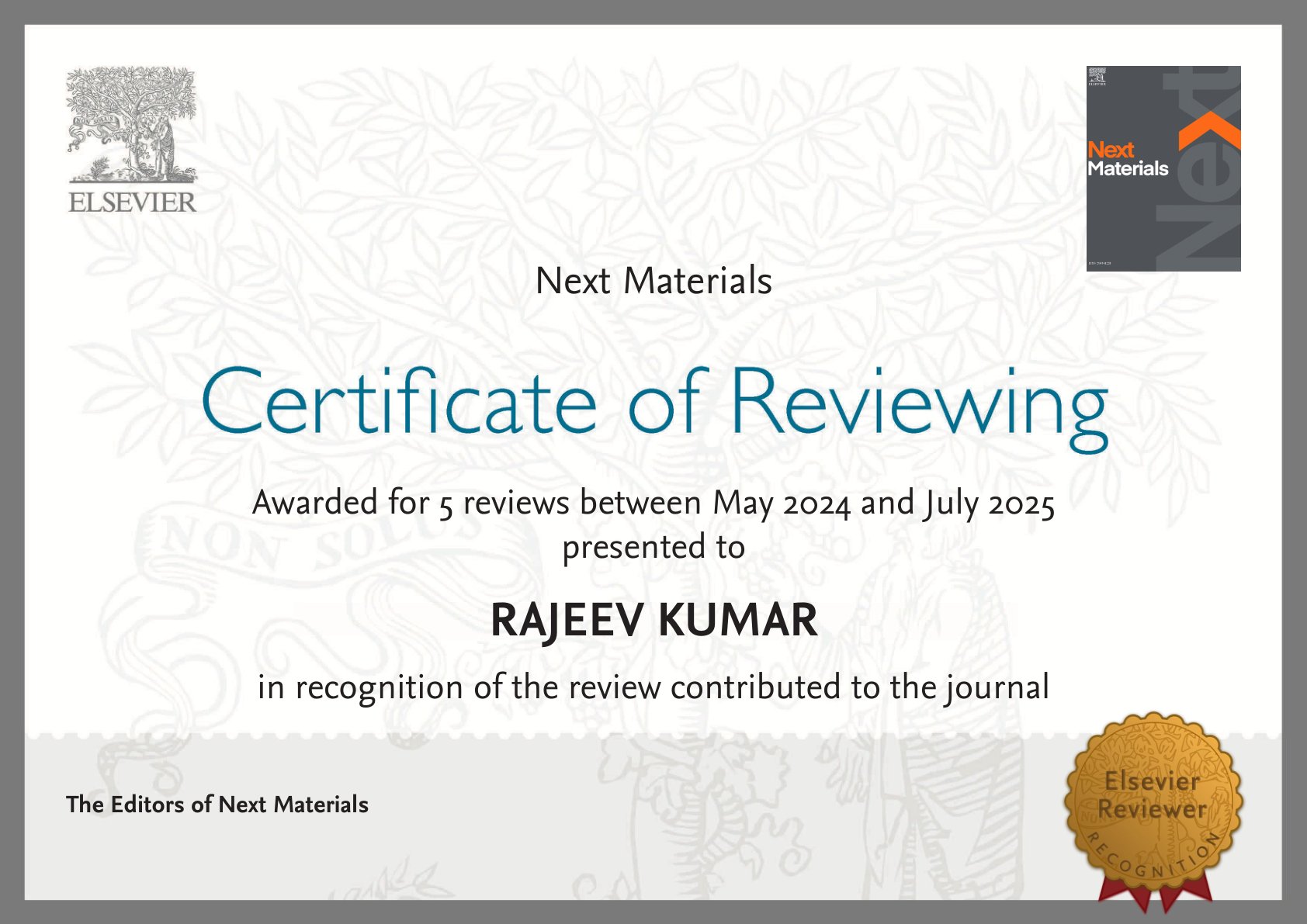 Elsevier Certificate of Reviewing for Next Materials, awarded to Dr. Rajeev Kumar