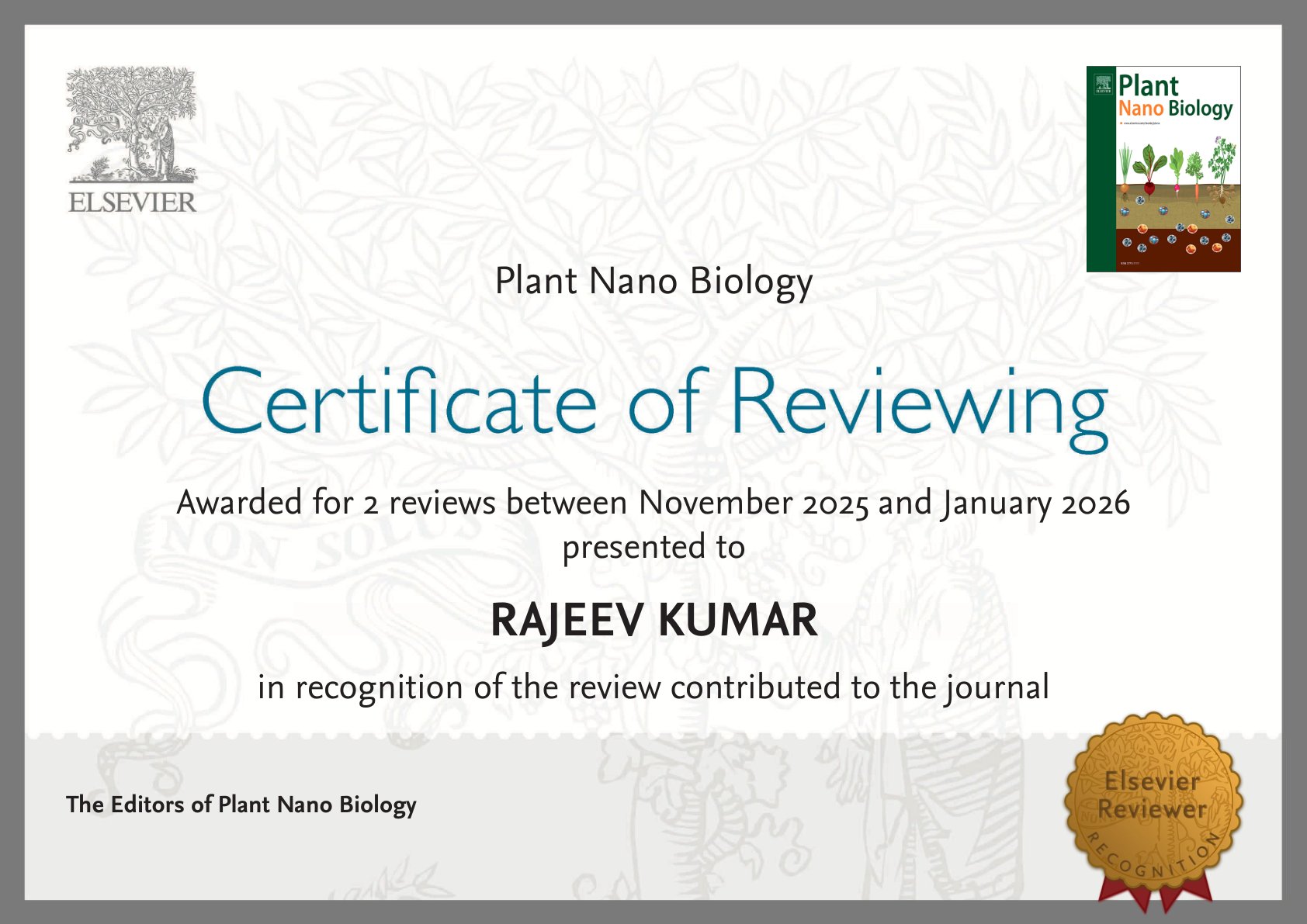 Elsevier Certificate of Reviewing for Plant Nano Biology, awarded to Dr. Rajeev Kumar