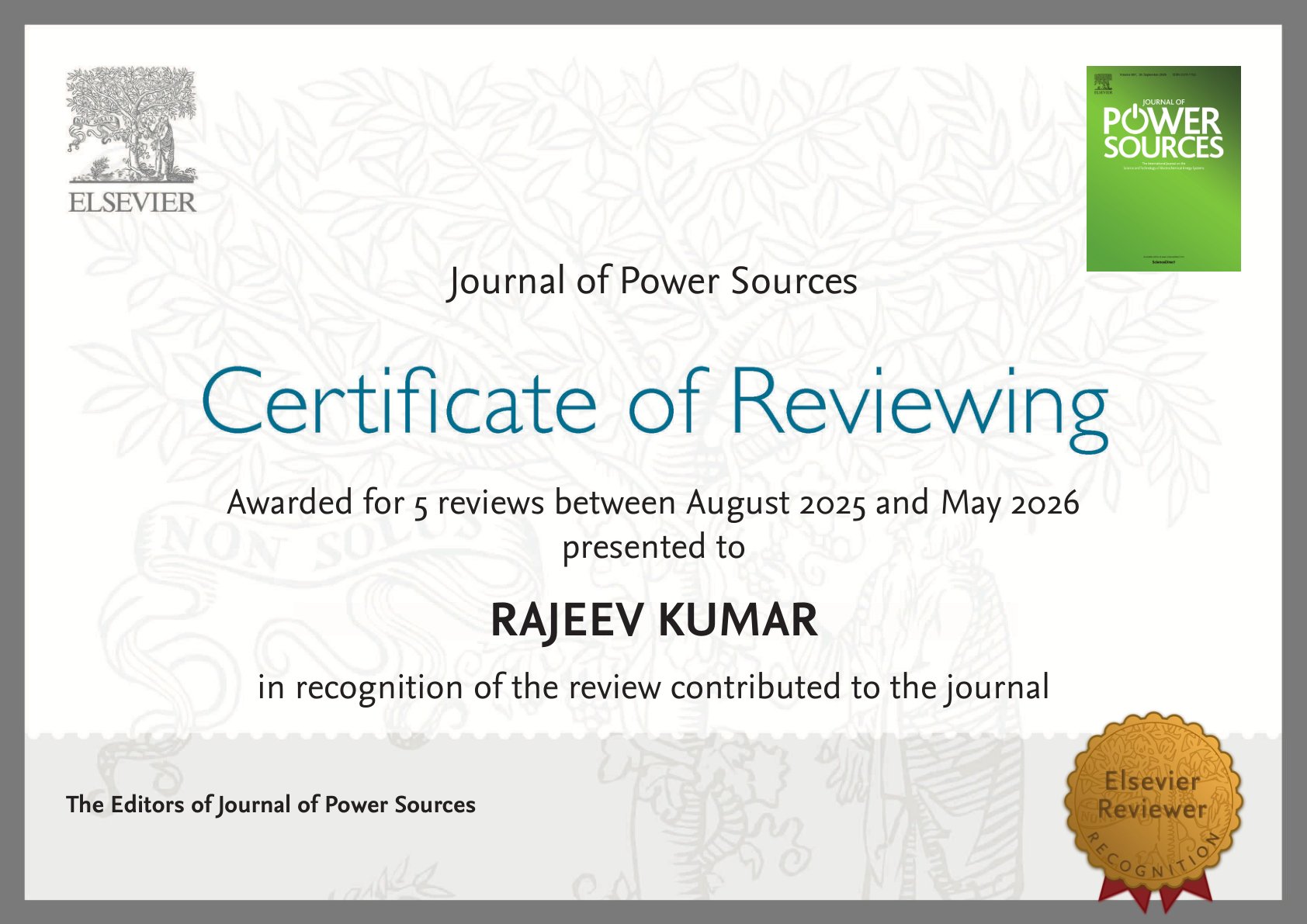 Elsevier Certificate of Reviewing for Journal of Power Sources, awarded to Dr. Rajeev Kumar
